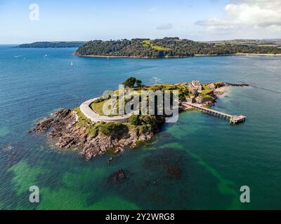 An aerial view of Drake's Island lying in Plymouth Sound, in the south of the city of Plymouth, Devon, England, UK Stock Photo