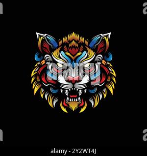 colorful tiger head roaring vector illustration , angry tiger Decorative vector art Stock Vector