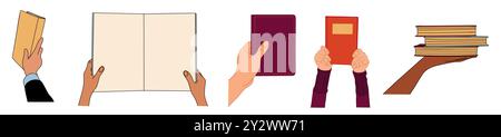 Hands holding, giving, sharing paper books set Stock Vector