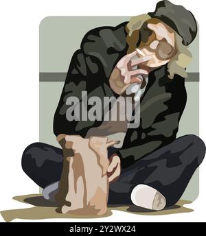 sitting street person getting high Stock Vector