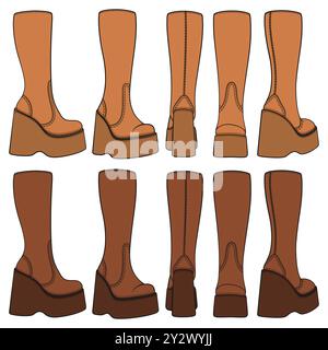 Set of colored retro platform boots. Isolated vector objects on white background. Stock Vector