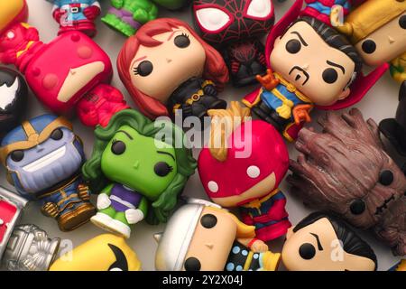 Tambov, Russian Federation - August 23, 2024 A lot of Marvel Funko POP Mini Vinyl Figures on white background. Stock Photo