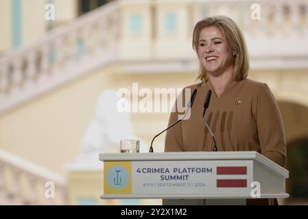 KYIV, UKRAINE - SEPTEMBER 11, 2024 - Prime Minister of the Republic of Latvia Evika Silina attends a news conference of the participants of the Fourth Crimea Platform Summit, Kyiv, capital of Ukraine. Stock Photo