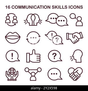 Communication skill icons set. Conversation and discussion soft skill development. Effective collaboration, positive interaction with people. People community building. Flat vector illustration Stock Vector
