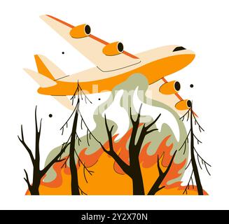 Wildfire. Burning forest trees, dangerous and harmful nature disaster. Aircraft extinguishing woods fire with water drop. Fire liquidation by plane. Flat vector illustration Stock Vector