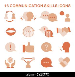 Communication skill icons set. Conversation and discussion soft skill development. Effective collaboration, positive interaction with people. People community building. Flat vector illustration Stock Vector