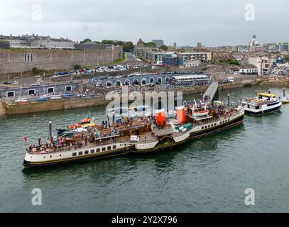 A drone view of the Paddle Steamer Waverley at Sutton Harbour in Plymouth, Devon, England, UK Stock Photo