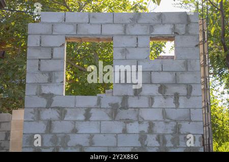 A picture of the wall frame made from concrete cinder blocks with two windows on one side and no window on the other side Stock Photo