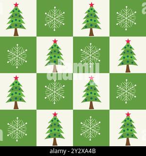Checkered Christmas tree and snowflakes on white and green checkerboards seamless pattern. For Christmas wrapping paper, greeting card and fabric. Stock Vector