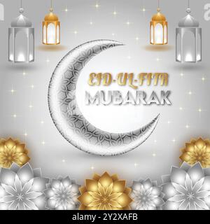 Elegant Eid-ul-Fitr Mubarak Greeting with Crescent Moon and Lanterns Stock Vector