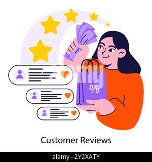 Customer reviews. Brand reputation based on consumer loyalty and trust. Woman assess purchased goods in mobile app or social media blog, leaving a feedback. Flat vector illustration Stock Vector