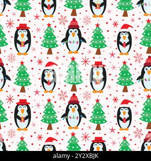 Cute Cartoon Christmas Penguins with Christmas tree seamless pattern holding ornaments, gifts, snowflakes and Christmas lights. For Christmas Wrapping Stock Vector