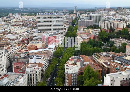 Aerial view of Madrid cityscape with Hotel Melia Madrid Princesa and surrounding buildings on a clear day. Stock Photo