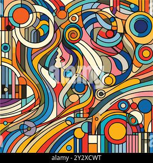 Colorful Abstract Art with Woman Face and Geometric Patterns Stock Vector