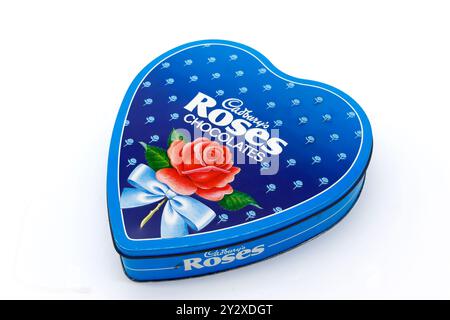 1990s Cadbury Roses vintage Heart Tin Chocolateisolated on white studio background packaging Stock Photo