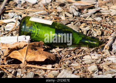 green glass bottle transparent left on ground litter Stock Photo