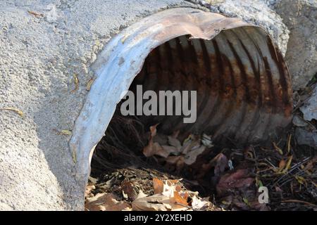 rusted pipe underground with opening filled with leaves Stock Photo
