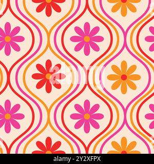 Retro Orange, red and pink flowers seamless pattern on vintage ogee oval waves on off white background. For home décor, wallpaper and fabric Stock Vector