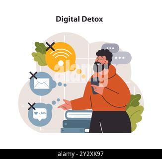 Modern wellbeing practice. Digital detox. Character taking a break from digital device. Disconnected or turned off laptop. Breaking the internet and social media addiction. Flat vector illustration Stock Vector