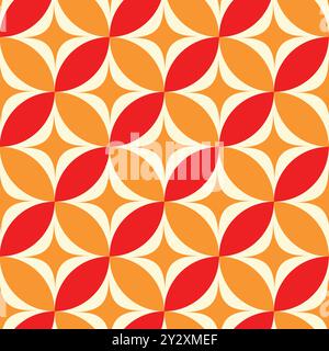 Mid century modern atomic starbursts on orange and red circles seamless pattern. For home décor, wallpaper and textile Stock Vector