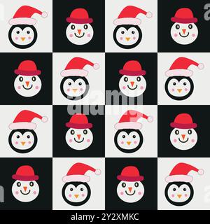 Checkered Christmas snowman and penguin on white and black checkerboards seamless pattern. For wrapping paper, fabric and Christmas cards. Stock Vector