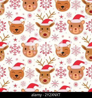 Christmas Seamless pattern featuring Rudolph  reindeer, cat and bear wearing Santa hat with red snowflakes on white background. For wrapping paper, fa Stock Vector