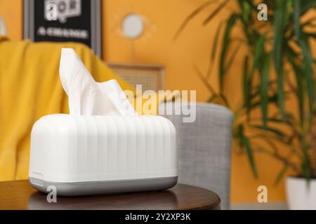 White paper tissue box on wooden coffee table in living room Stock Photo
