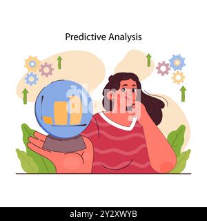 Business processes optimization. Predictive analytics. Processing data to forecast future outcome. Business decisions development. Character analysing statistical information. Flat vector illustration Stock Vector