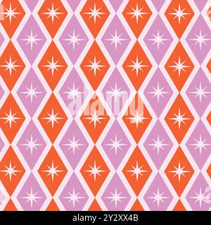 Mid century  white atomic starbursts over diamond shapes in pink and orange. For textile, fabric, home décor and wallpaper Stock Vector