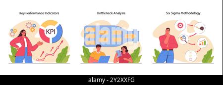 Business processes optimization set. Productive employee with efficient work method. Performance for better business optimization, development and growth. Flat vector illustration Stock Vector