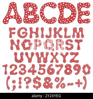 Alphabet, letters, numbers and signs from the fly agaric mushroom. Isolated vector objects on white background. Stock Vector