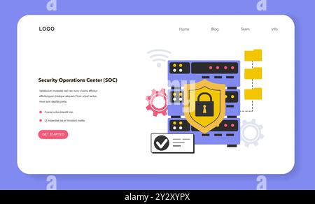 Security operations center web banner or landing page. Cyber threats protection and security maintenance. Monitoring and investigation of any potential security incidents. Flat vector illustration Stock Vector
