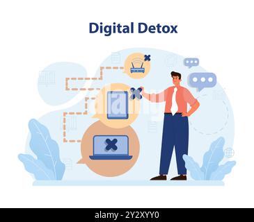 Modern wellbeing practice. Digital detox. Character taking a break from digital device. Disconnected or turned off laptop. Breaking the internet and social media addiction. Flat vector illustration Stock Vector