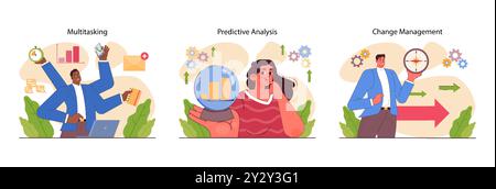 Business processes optimization set. Productive employee with efficient work method. Performance for better business optimization, development and growth. Flat vector illustration Stock Vector