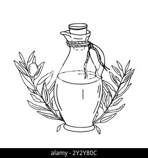 Olive Branches and Glass Jug with Oil Composition. Hand drawn Vector illustration, Line art. Ink drawing for menu, product and cuisine design Stock Vector