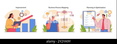 Business processes optimization set. Productive employee with efficient work method. Performance for better business optimization, development and growth. Flat vector illustration Stock Vector