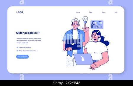 Senior developer web banner or landing page. Oldman helping a young co-worker or junior. Developing and maintaining website or app. Oldster IT specialist. Flat vector illustration Stock Vector