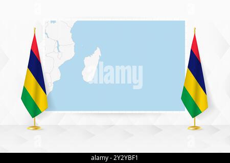 Map of Mauritius and flags of Mauritius on flag stand. Vector illustration for diplomacy meeting. Stock Vector