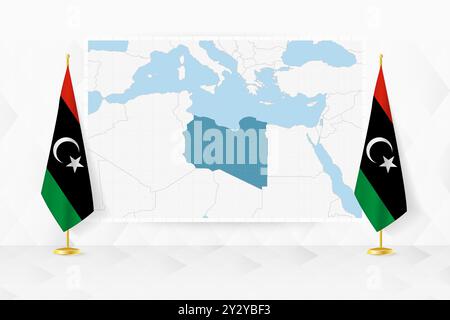 Map of Libya and flags of Libya on flag stand. Vector illustration for diplomacy meeting. Stock Vector
