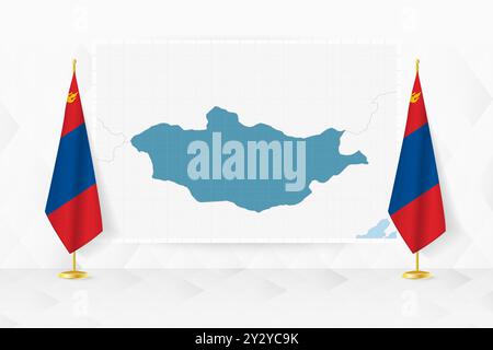 Map of Mongolia and flags of Mongolia on flag stand. Vector illustration for diplomacy meeting. Stock Vector