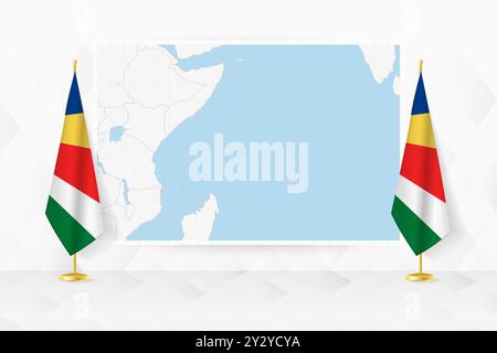 Map of Seychelles and flags of Seychelles on flag stand. Vector illustration for diplomacy meeting. Stock Vector