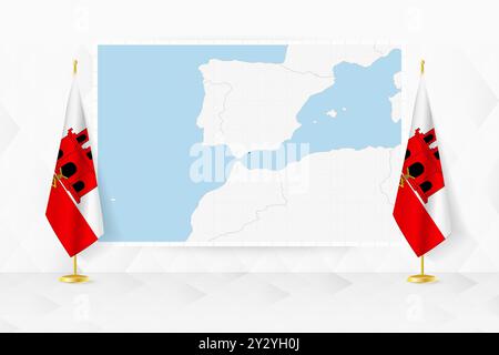 Map of Gibraltar and flags of Gibraltar on flag stand. Vector illustration for diplomacy meeting. Stock Vector