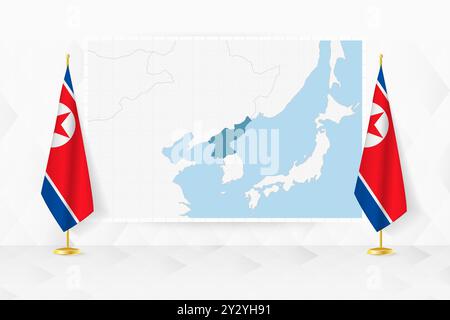 Map of North Korea and flags of North Korea on flag stand. Vector illustration for diplomacy meeting. Stock Vector