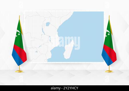 Map of Comoros and flags of Comoros on flag stand. Vector illustration for diplomacy meeting. Stock Vector