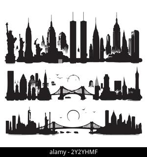 Set of skyline silhouettes isolated on a white background, Vector illustration. Stock Vector