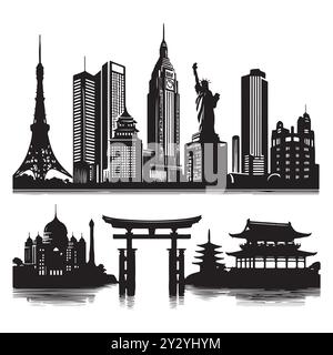 Set of skyline silhouettes isolated on a white background, Vector illustration. Stock Vector
