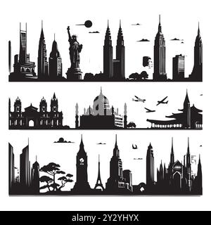 Set of skyline silhouettes isolated on a white background, Vector illustration. Stock Vector