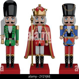 set of christmas nutcracker. collection of isolated nutcrackers 3d illustration Stock Vector