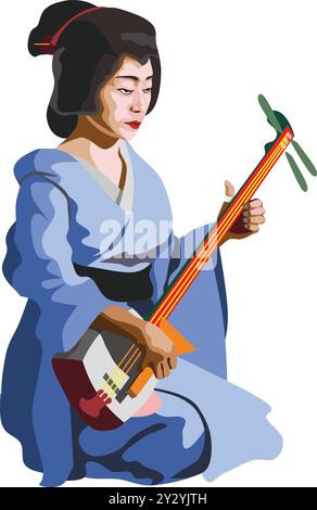 Woman Playing Japanese Traditional Guitar Music Stock Vector