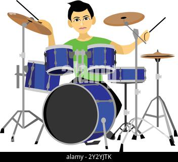Boy Playing Drum Set Music Stock Vector